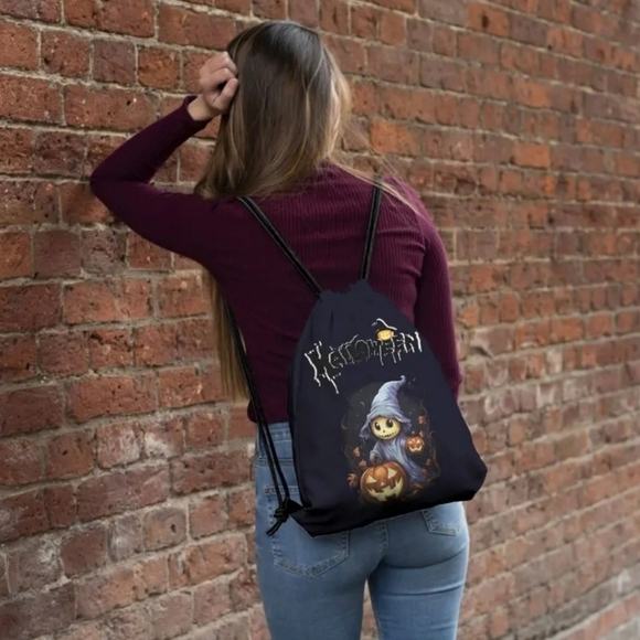 Pumpkin Ghost ✦ Drawstring Backpack ✦ Black Rope Bag w/ Spooky Graphics NWT - Picture 6 of 10